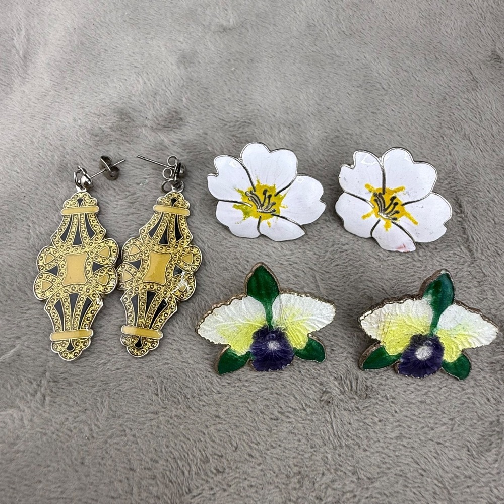 Vintage Estate Earrings Lot Enamel Floral Art Deco Revival Multicolor READ